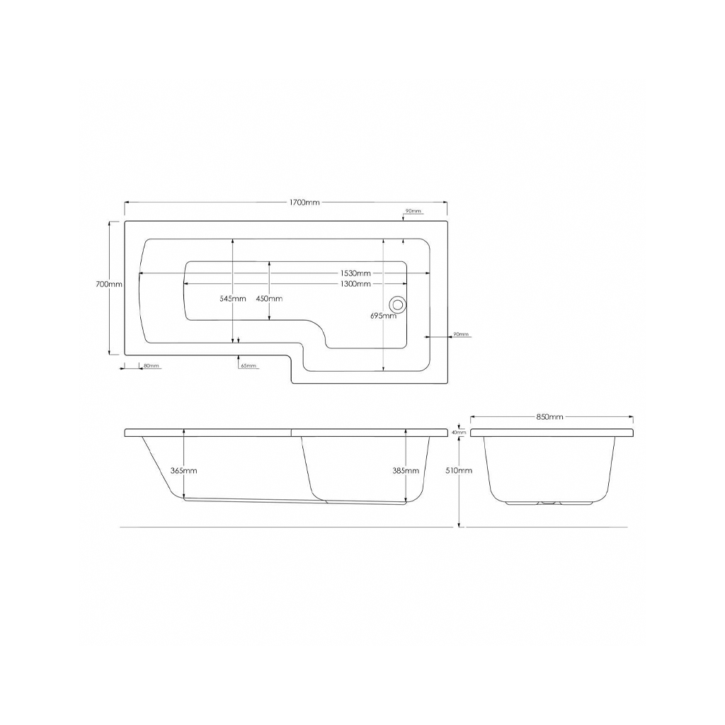 Artesan Cube L Shaped Shower Bath - 1700 mm x 700 mm