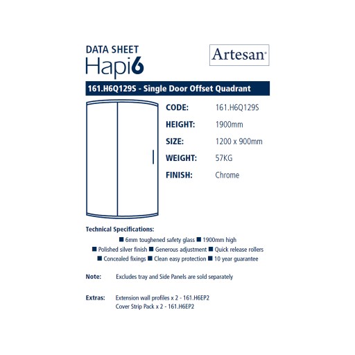 Artesan Hapi6 Single Quadrant Shower Door - Chrome - 1200MM X 900MM