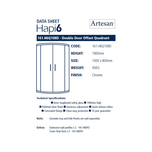 Artesan Hapi6 Double Door Quadrant Shower Enclosure - 1000MM x 800MM
