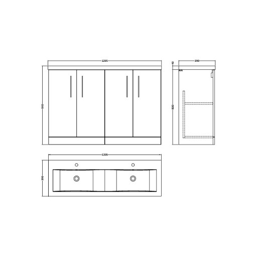 Nuie Arno Vanity Unit & Double Basin - 1200MM Floor Standing 4 Door - Soft Black