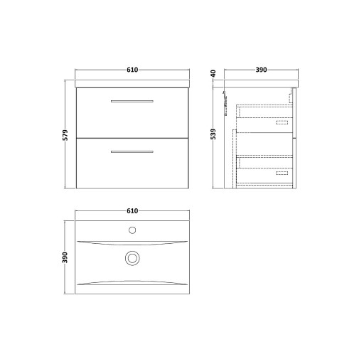 Nuie Arno Vanity Unit & Basin - 600MM Wall Hung 2 Drawer - Bleached Oak