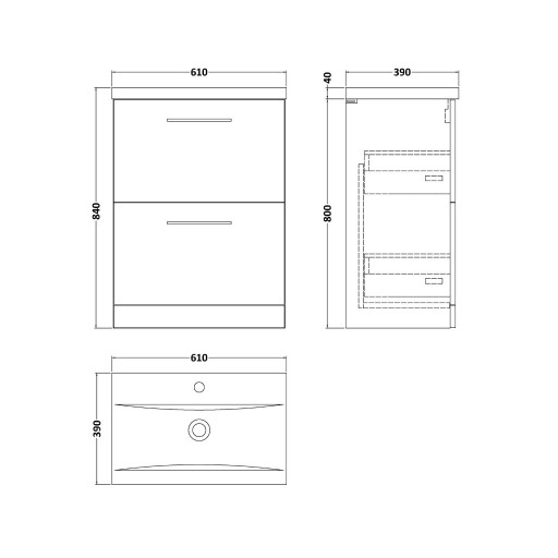 Nuie Arno Vanity Unit & Basin - 600MM Floor Standing 2 Drawer - Charcoal Black