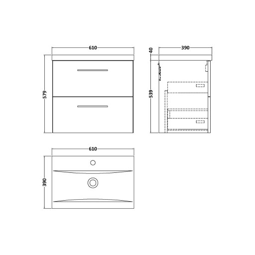 Nuie Arno Vanity Unit & Basin - 600MM Wall Hung 2 Drawer - Satin Green