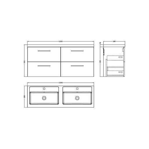 Nuie Arno Vanity Unit & Double Basin - 1200MM Wall Hung 4 Drawer - Satin Green