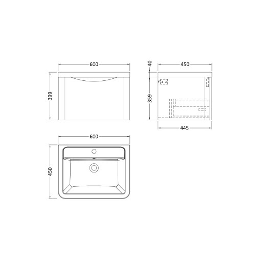 Nuie Lunar Vanity Unit & Basin - 600mm Wall Hung 1 Drawer - Ceramic Basin