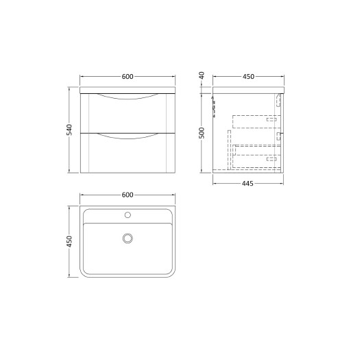 Nuie Lunar Vanity Unit & Basin - 600mm Wall Hung 2 Drawer - Polymarble Basin