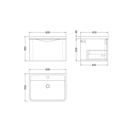 Nuie Lunar Vanity Unit & Basin - 600mm Wall Hung 1 Drawer - Polymarble Basin